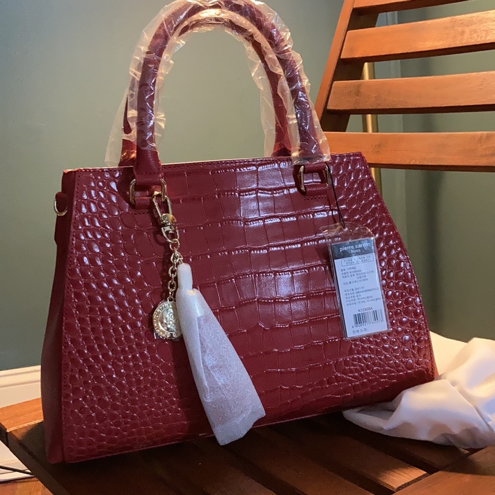 Pierre Cardin Red Croc-Textured Tote with Tassel Charm
